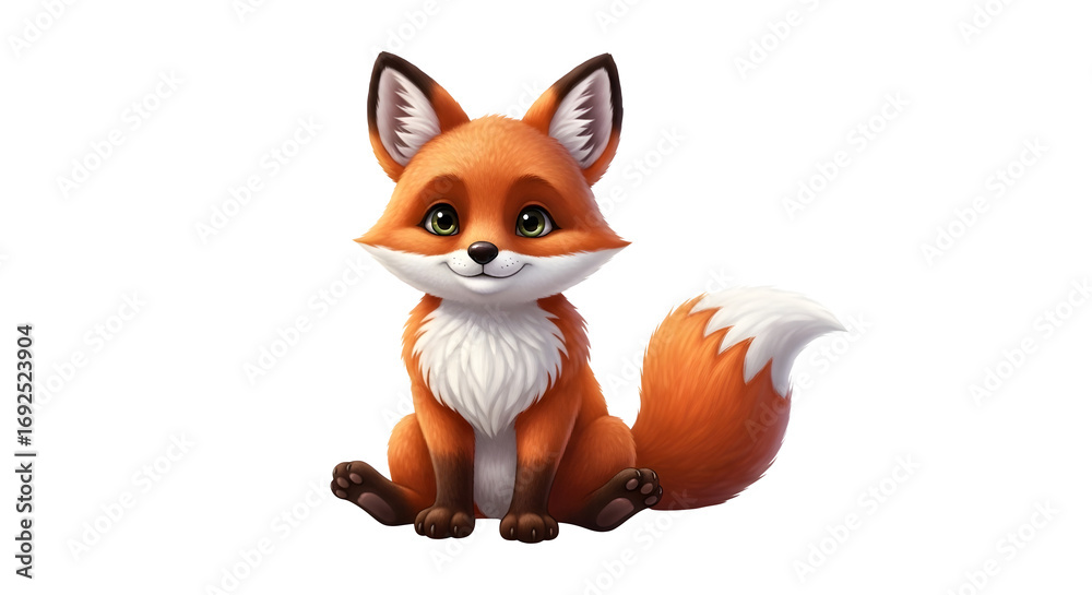 Fototapeta premium Adorable Cartoon Fox Sitting with a Fluffy Tail and Expressive Eyes.