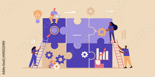 Diverse team collaborating to solve complex puzzle pieces and achieve business growth with data analysis