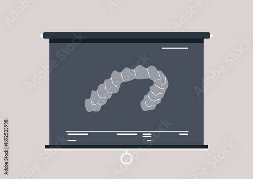 Highlighted on a display board is a detailed x ray showing clear aligners designed for straightening teeth, This presentation emphasizes the intricate process of orthodontic correction