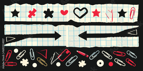 Collection of torn notebook paper strips with hand drawn doodles and office supplies on black background