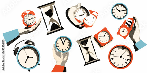 Collage of various clocks and hourglasses held by hands symbolizing the passage of time and deadlines