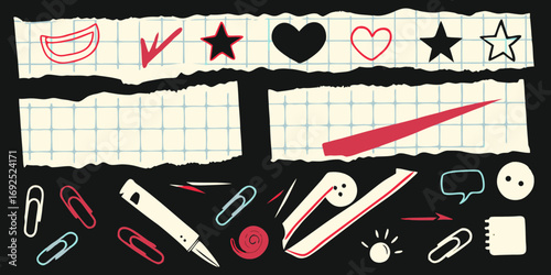 Collection of torn notebook paper with hand drawn school supplies and symbols on black background