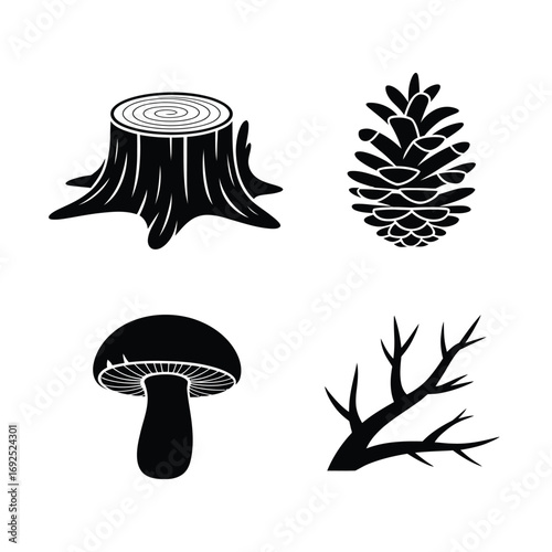Forest elements silhouettes tree stump pine cone mushroom and branch set silhouette vector illustration white background