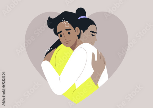 Two figures express vulnerability and support while hugging, symbolizing the challenges and warmth found in relationships characterized by insecurities and emotional trauma