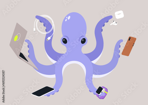 A whimsical octopus illustrates its ability to manage multiple gadgets at once, showcasing its tech-savvy nature while balancing items like a smartphone, smartwatch, and laptop in a playful manner.