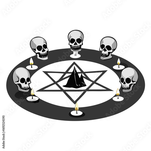 Vector art of occult ritual with skulls and candles around a hexagram for halloween