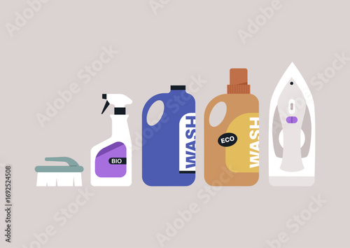 Five laundry items showcase eco-friendly solutions alongside an iron, highlighting their roles in maintaining  cleanliness and vibrancy through thoughtful garment care
