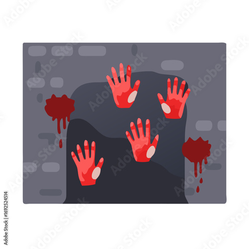 Illustration of bloody handprints on a wall near a door