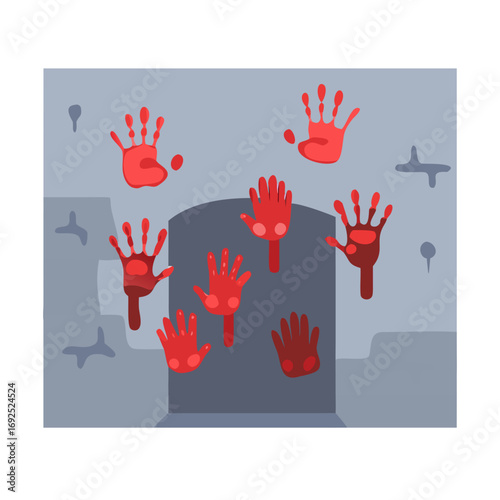 Illustration of bloody handprints on a wall near a door