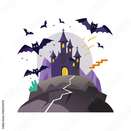 Vector art of a spooky haunted castle on a hill with bats flying around