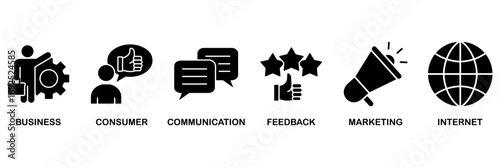 B2C icon set vector illustration concept for business to consumer concept of marketing with communications, feedback, marketing, and internet icon