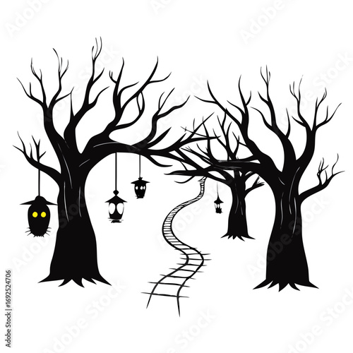Vector art of spooky halloween trees with hanging lanterns and a winding path