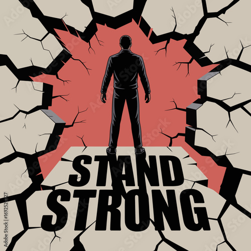 Silhouetted figure stands victorious through a cracked wall symbolizing resilience strength and overcoming challenges vector