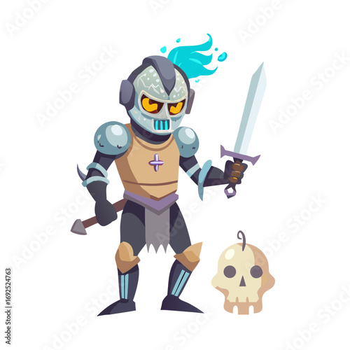 Vector art of cartoon knight with sword and skull medieval warrior, fantasy character