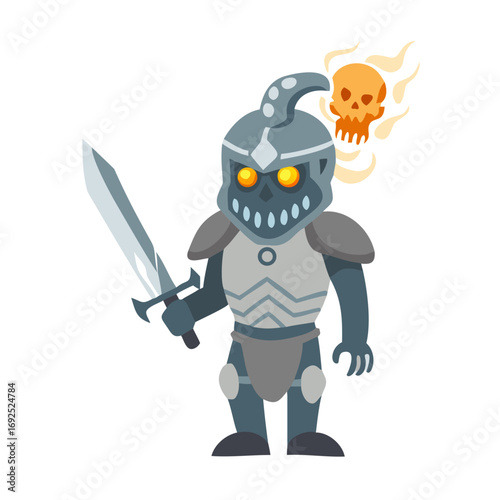 Vector art of cartoon knight with sword and flaming skull fantasy warrior concept
