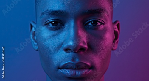 Striking Portrait of a Young Man Bathed in Neon Blue and Pink Light