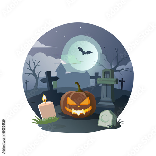 Vector art of spooky halloween night scene with pumpkin, candle, bat, and tombstones