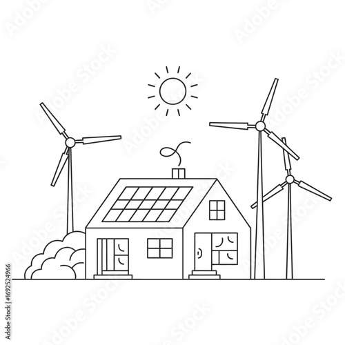 Minimalist line art house with solar panels and wind turbines symbolizing eco-friendly living silhouette vector illustration white background