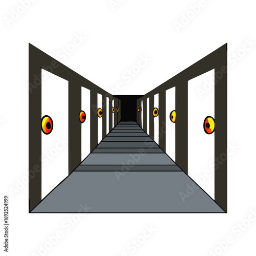 Vector art of hallway of doors with eyes, a spooky and surreal illustration for halloween