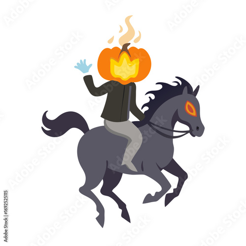 Vector art of headless horseman riding a horse with a pumpkin head for halloween celebration
