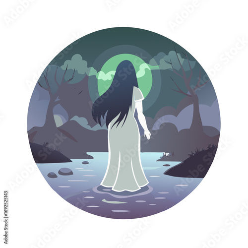 Vector art of la llorona standing in a river at night, a ghostly figure with long dark hair and a white dress