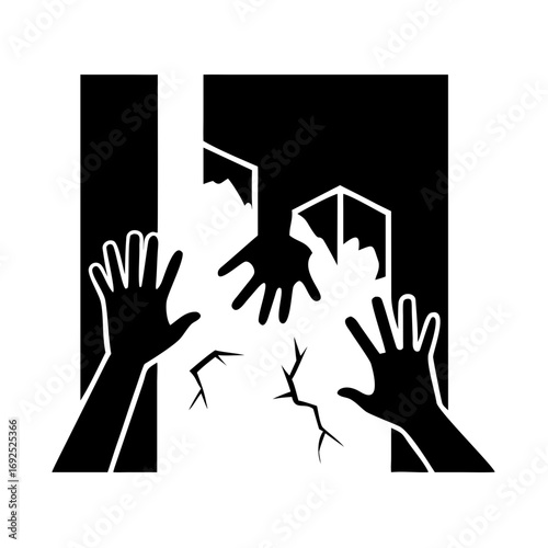 Vector art of black and white illustration of hands reaching out from a dark room