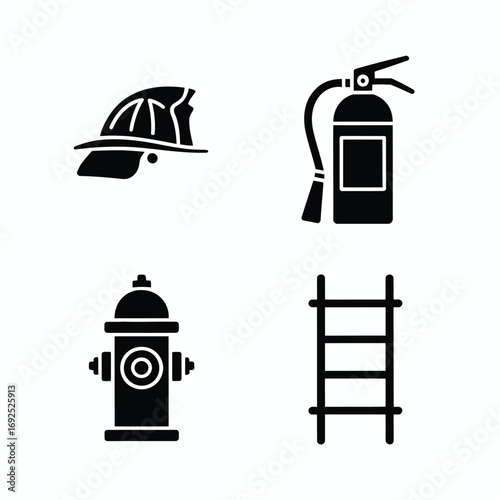 Firefighter gear icons set black silhouette symbols of safety and emergency response equipment silhouette vector illustration white background