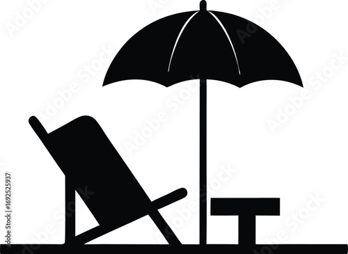 Tropical Beach Paradise Silhouette Illustration. Beach Club Logo Elements, Umbrella and Chair Vector Silhouette