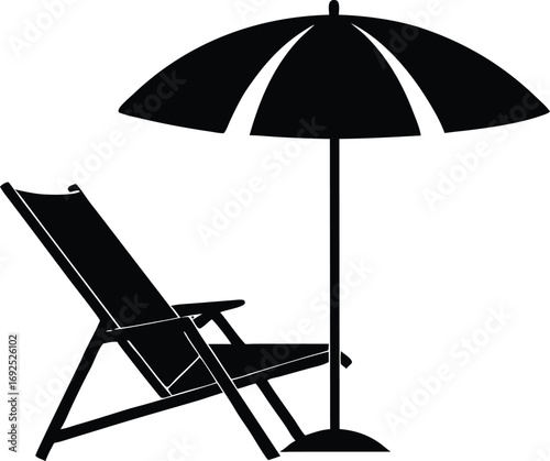 Tropical Beach Paradise Silhouette Illustration. Beach Club Logo Elements, Umbrella and Chair Vector Silhouette