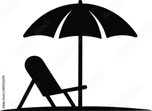 Tropical Beach Paradise Silhouette Illustration. Beach Club Logo Elements, Umbrella and Chair Vector Silhouette