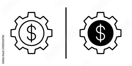 Financial Mechanism: Two contrasting gears, one outlined and the other filled, each bearing a dollar sign, symbolize financial systems and economic processes.