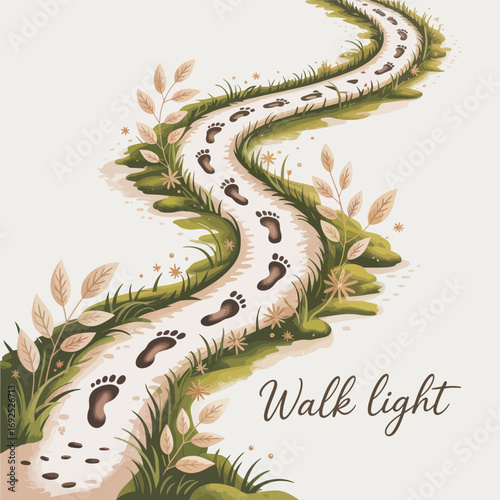 Serene footpath with footprints and text "walk light" embodies journey nature and contemplation peaceful scene vector