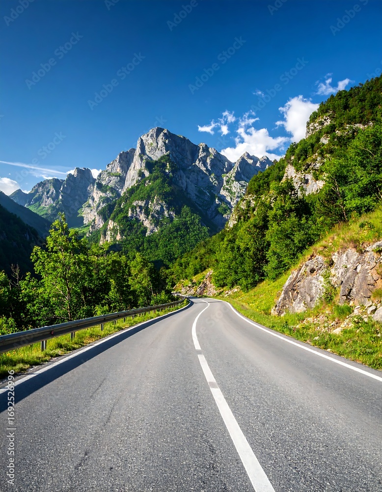 Naklejka premium Scenic mountain road winding through lush landscape