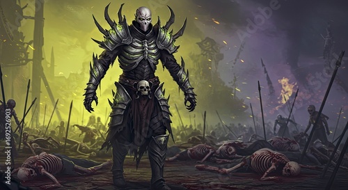 Undead Warlord Stands Victorious Amidst Battlefield of Fallen Warriors