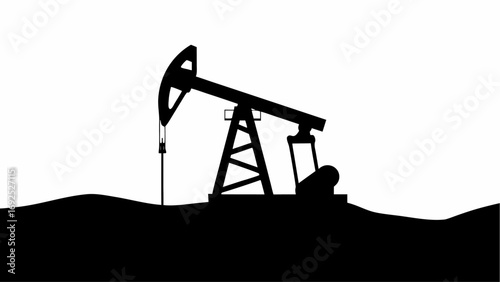 Silhouette of an oil pump jack on a black ground against a white background showing industrial equipment