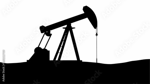 Silhouette of an oil pump jack on a hill against a white background showing extraction equipment clearly