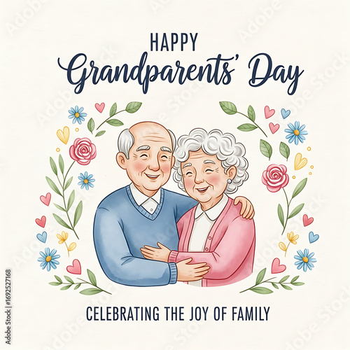 Happy grandparents day celebration with joyful couple and floral wreath