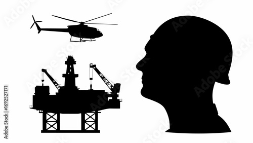 Silhouette of a helicopter oil rig and a person wearing a hard hat against a white background image scene