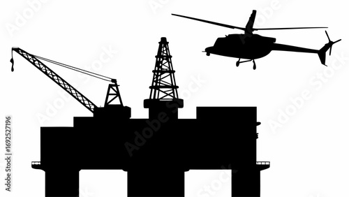 Silhouette of offshore oil rig with crane and derrick alongside a helicopter in the sky above it