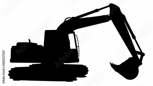 Silhouette of a heavy excavator with raised arm and bucket displaying construction equipment in black color