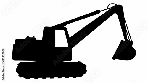 Silhouette of an excavator with a raised arm and bucket on a white background in a simple vector graphic