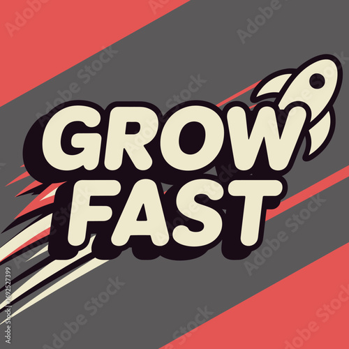Dynamic grow fast text with rocket icon and motion trails symbolizing rapid business growth and startup success vector