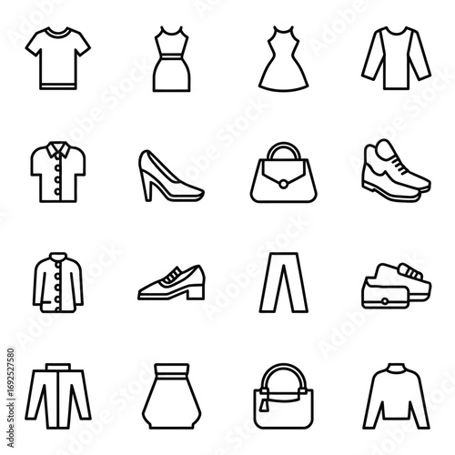 Bundle of 12 clothing and accessory line art icons for fashion and style design silhouette vector illustration white background
