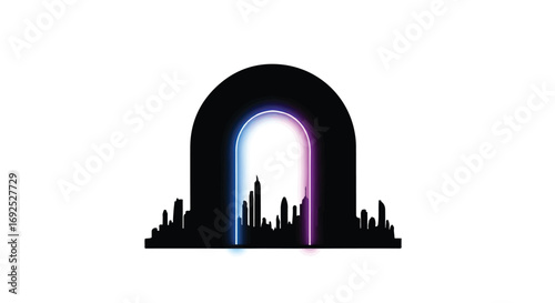 Futuristic glowing archway portal with city silhouette against dark background