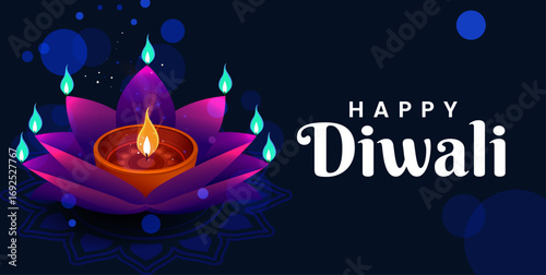 Happy Diwali Poster with Diya Lamp Vector Illustration. Indian festival of lights Design. Suitable for Greeting Card, Banner, Flyer, Template.
