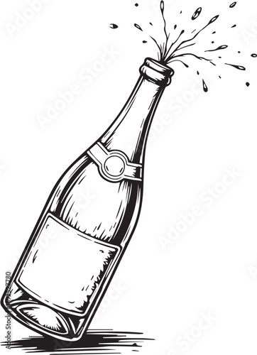 Champagne Bottle Bursting: A classic champagne bottle, captured in elegant black and white, erupts with joyful effervescence, perfect for celebrations, toasting, and commemorating special events.