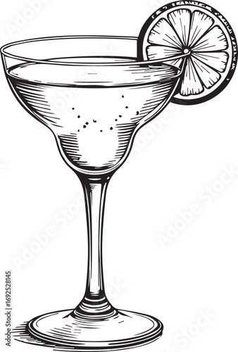 Sophisticated Cocktail Delight: An elegantly rendered illustration of a classic cocktail, garnished with a vibrant citrus slice, embodies refreshing mixology with its refined aesthetic.