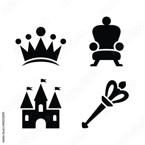Royal symbol silhouettes crown throne castle scepter minimalist icons for design projects silhouette vector illustration white background