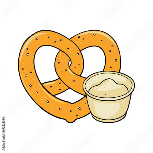Delicious soft pretzel with creamy cheese dip and a sprinkle of salt on a clean white background