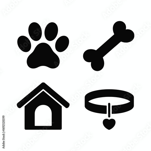 Paw print dog house bone collar simple icons for pet care services and animal lovers silhouette vector illustration white background
